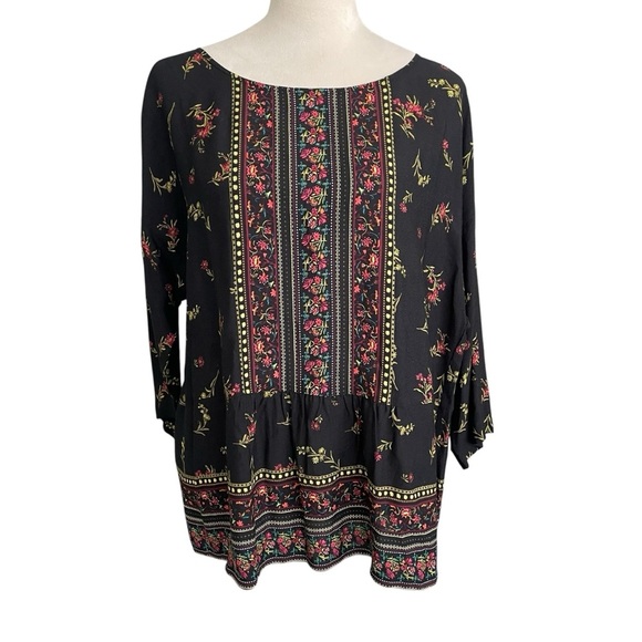 J. Jill Floral Boho Tunic Top Black Peasant Style Tiered Long Sleeve Blouse LP - Picture 1 of 8